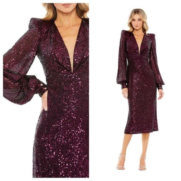 NWT IEENA for MAC DUGGAL Magenta Sequined Structured Bishop Sleeve Midi Dress - Picture 1 of 12
